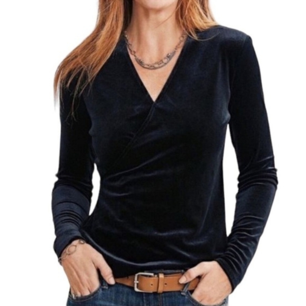 Sundance Black Velvet Faux Wrap Surplice Long Sleeve Top Womens Large